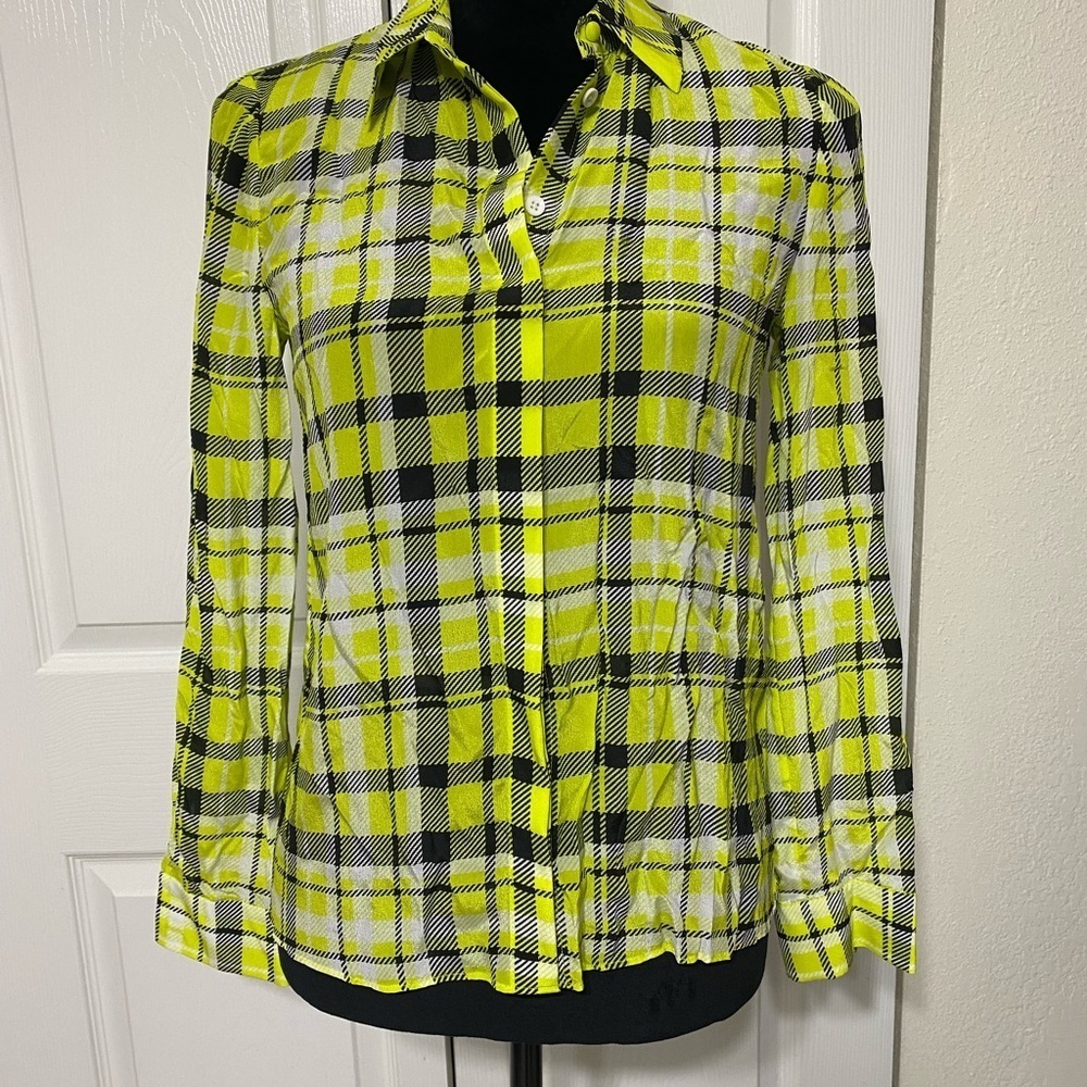 Alice + Olivia Plaid Button-Up Shirt in Yellow and Black size XS